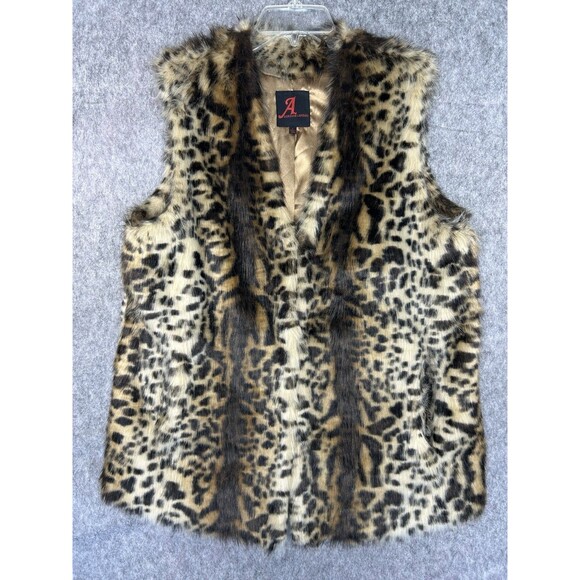 Adrienne Landau Faux Fur Animal Print Vest Sleeveless Collared Mob Wife Sz L - Picture 1 of 9